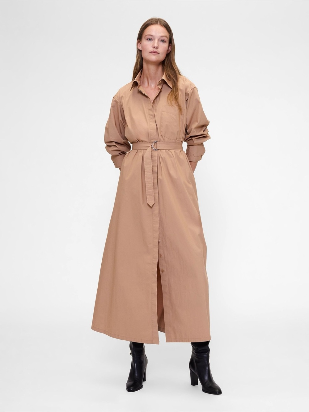 GapStudio Poplin Belted Maxi Shirtdress in Tannery Brown